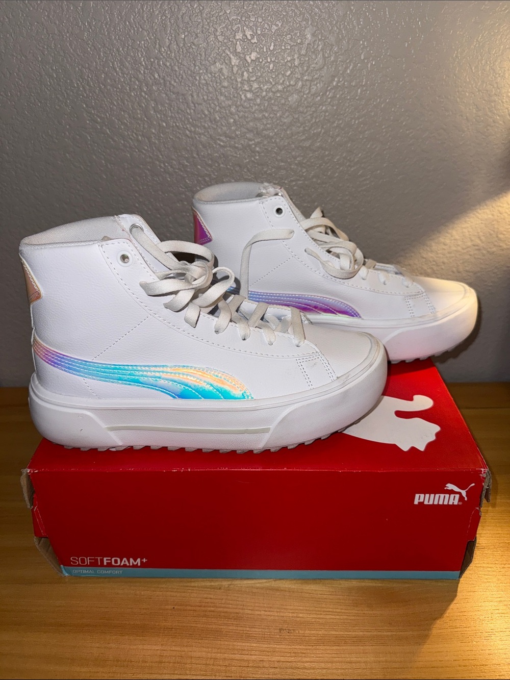 Puma White High-Top Sneakers with Iridescent Blue-Pink Accent